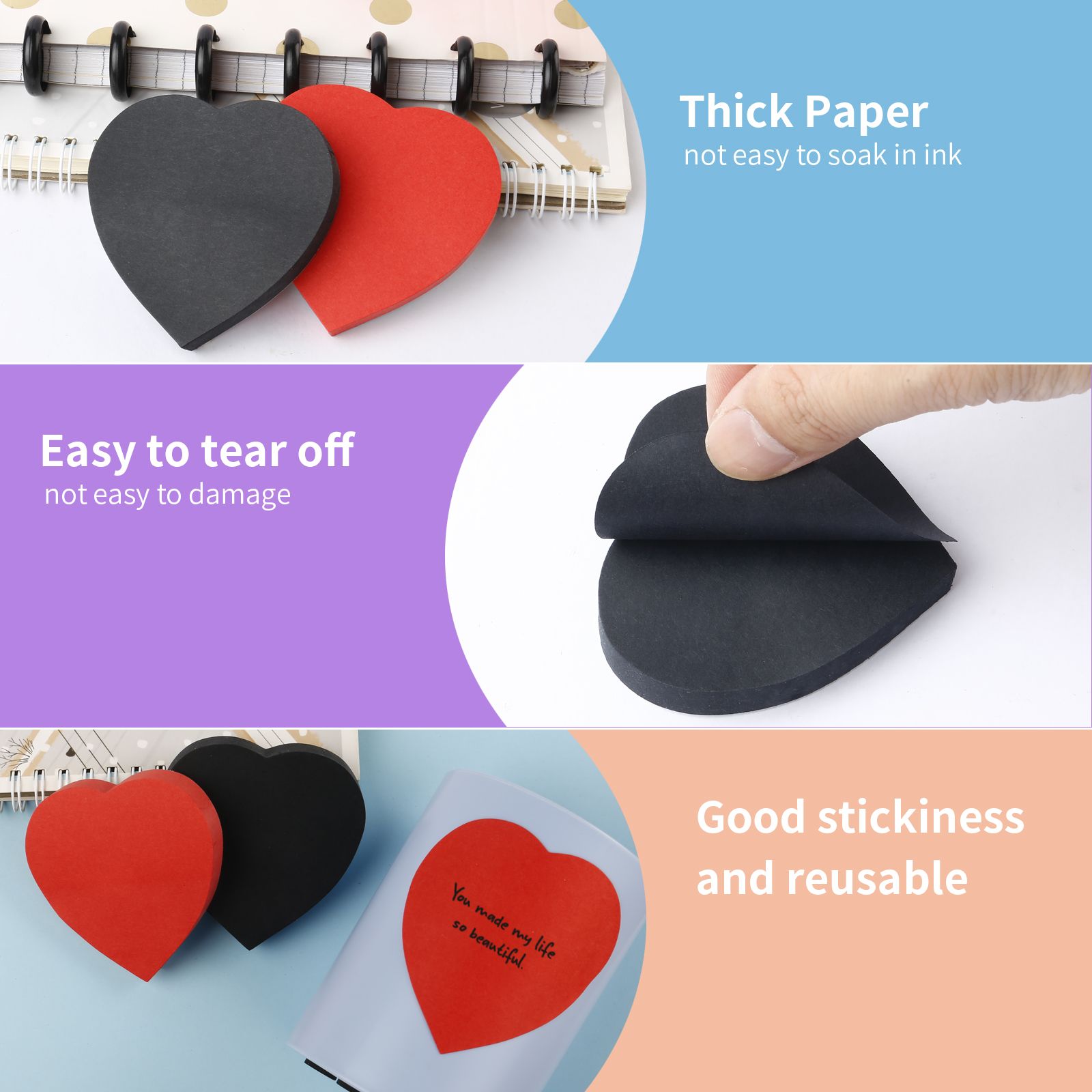 EAGLE Hot Sale Office Stationery Heart Shaped Sticky Notes 100 Sheets Creative Sticky Paper B601 Black Self Sticky Note Pads