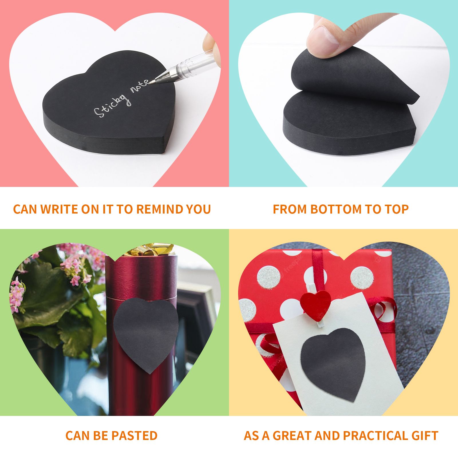 EAGLE Hot Sale Office Stationery Heart Shaped Sticky Notes 100 Sheets Creative Sticky Paper B601 Black Self Sticky Note Pads