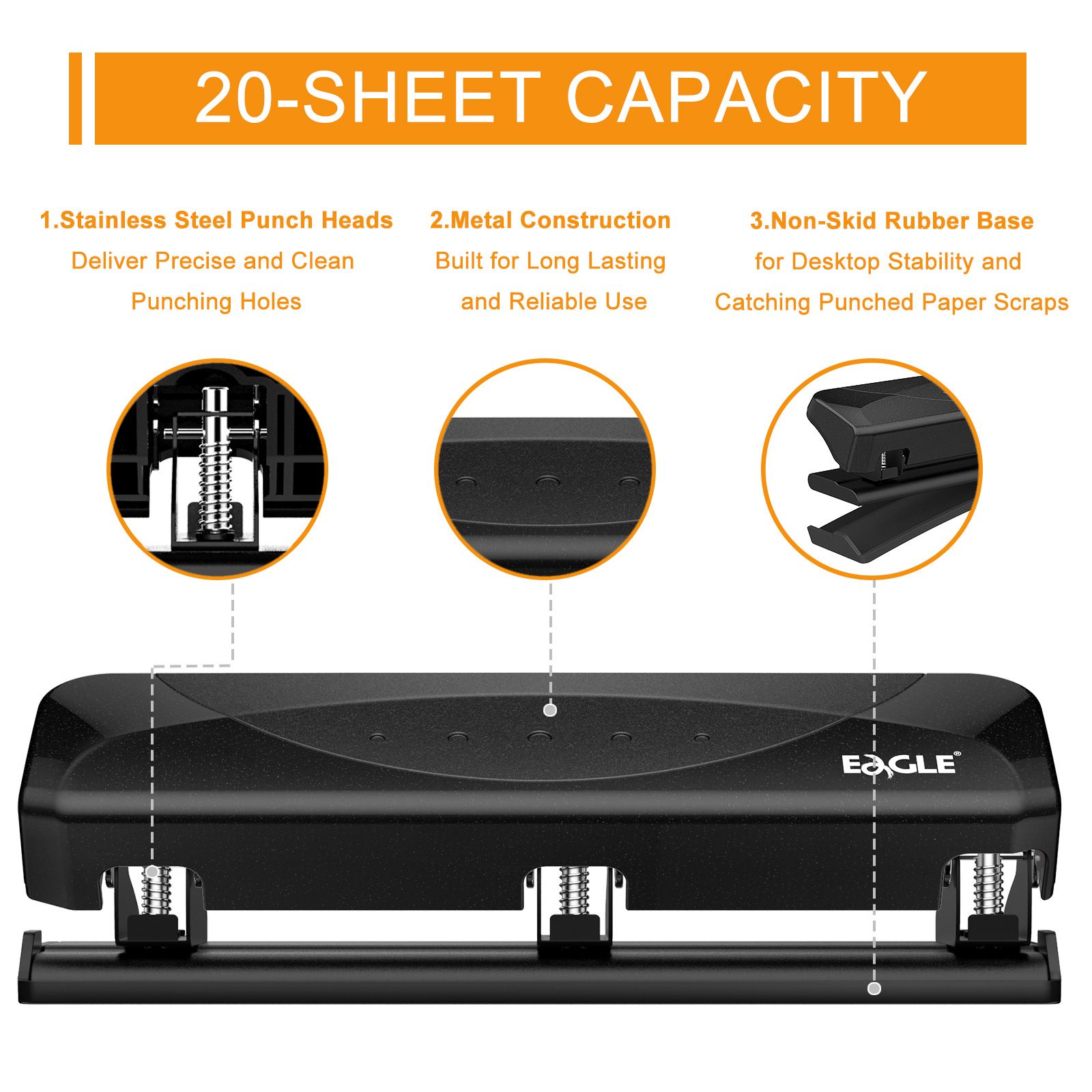 Eagle Reduced Effort 3 Hole Punch 20 Sheet Capacity P6119 Heavy Duty Squeeze Handcraft Hole Punch Tool