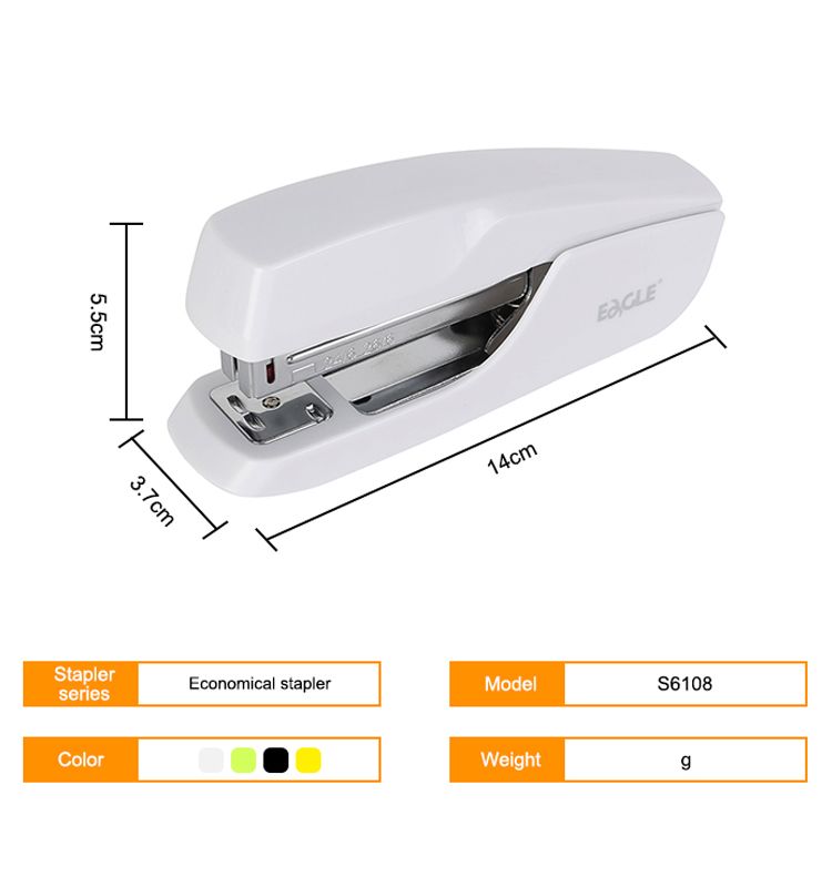 EAGLE New Staplers Stationery White 20 Sheets 24/6 26/6 Half Strip Plastic Stapler S6108 for Office Supply School Usage