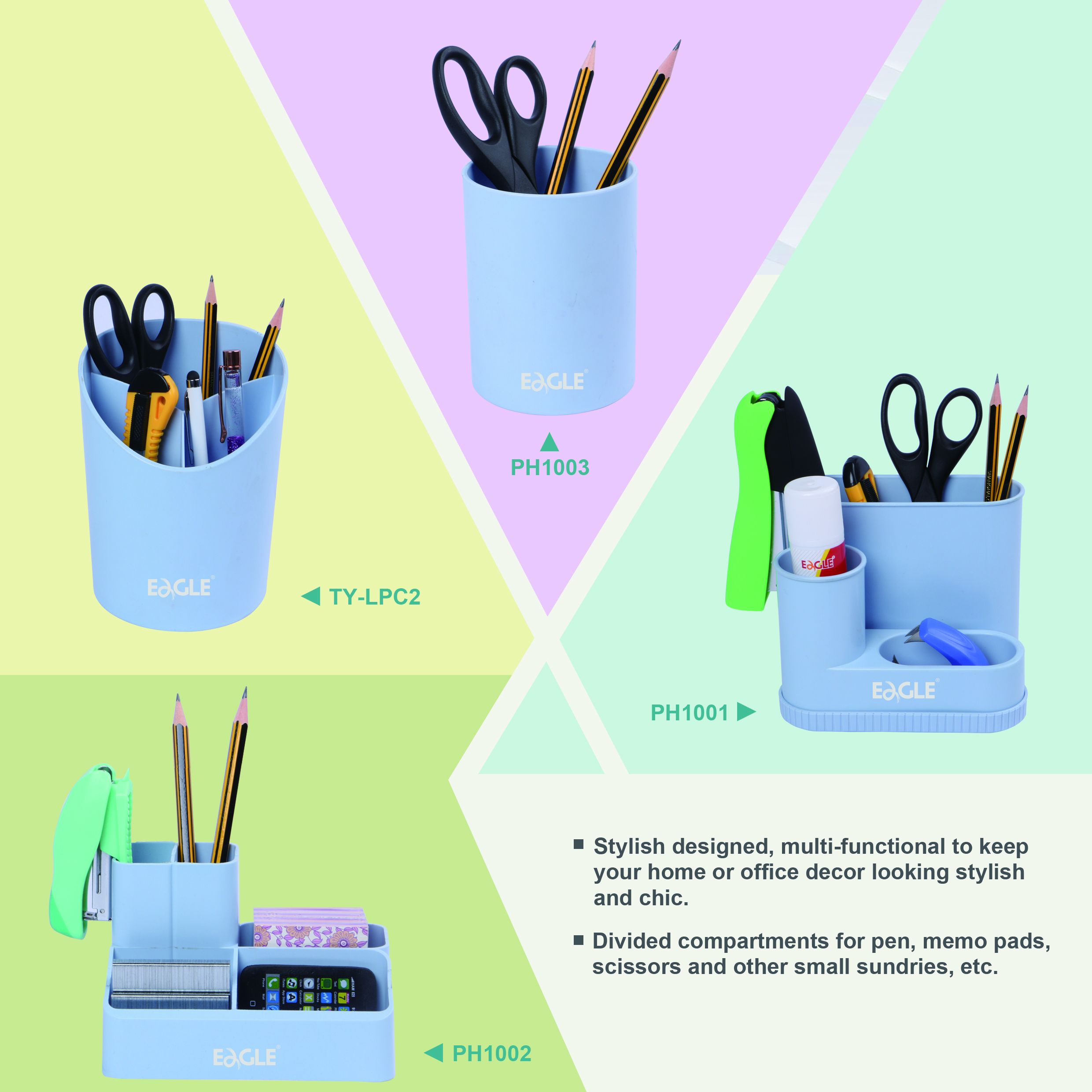 Eagle TY-LPC2-EL Desk Pencil Cup Multi-function 3 Departments Pen Container Plastic Pencil Holder Tool Organizer