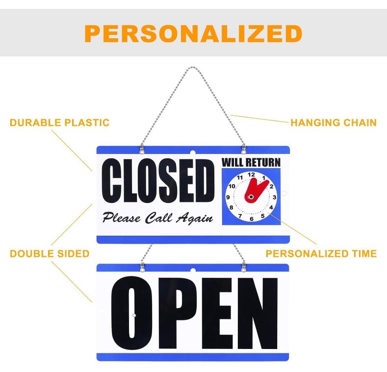 Eagle TYPS003 Open and Closed Sign, Plastic, with Hanging Chain, Dual Sides with Will Return Clock, 6 x 11.5-Inches