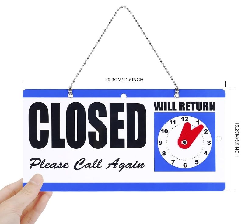 Eagle TYPS003 Open and Closed Sign, Plastic, with Hanging Chain, Dual Sides with Will Return Clock, 6 x 11.5-Inches